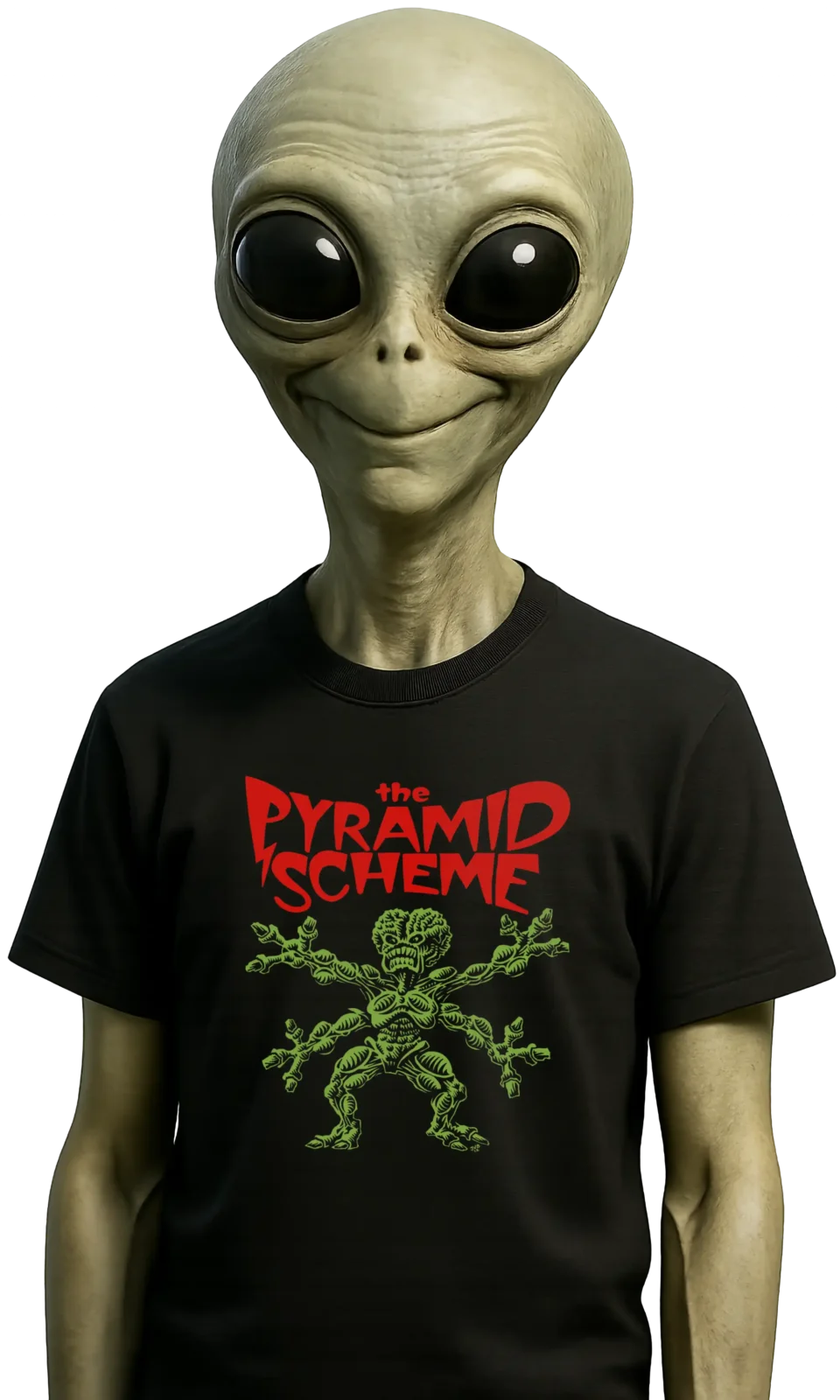An alien model wearing an Alien The Pyramid Scheme t shirt