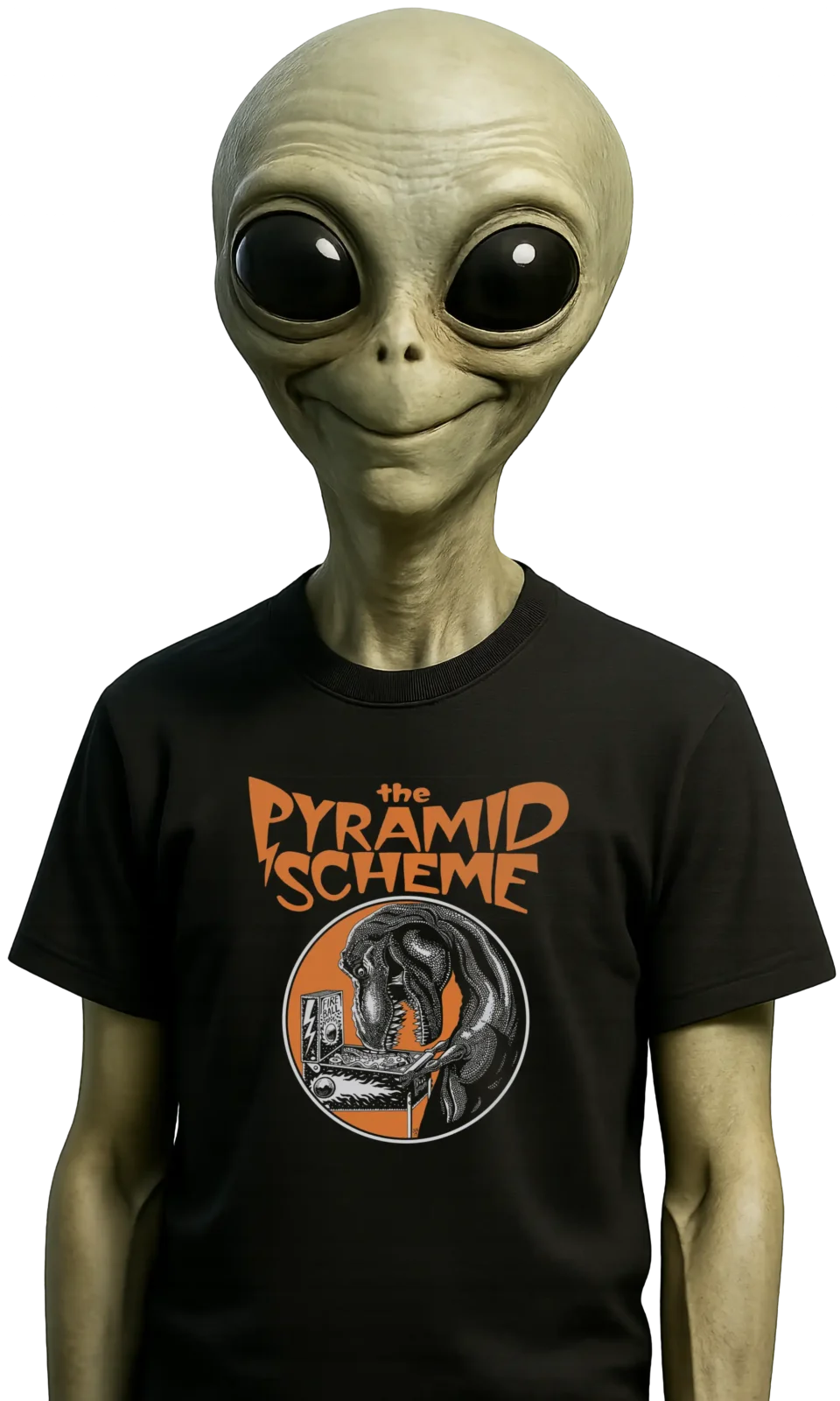 An alien model wearing an Alien playing pinball The Pyramid Scheme t shirt