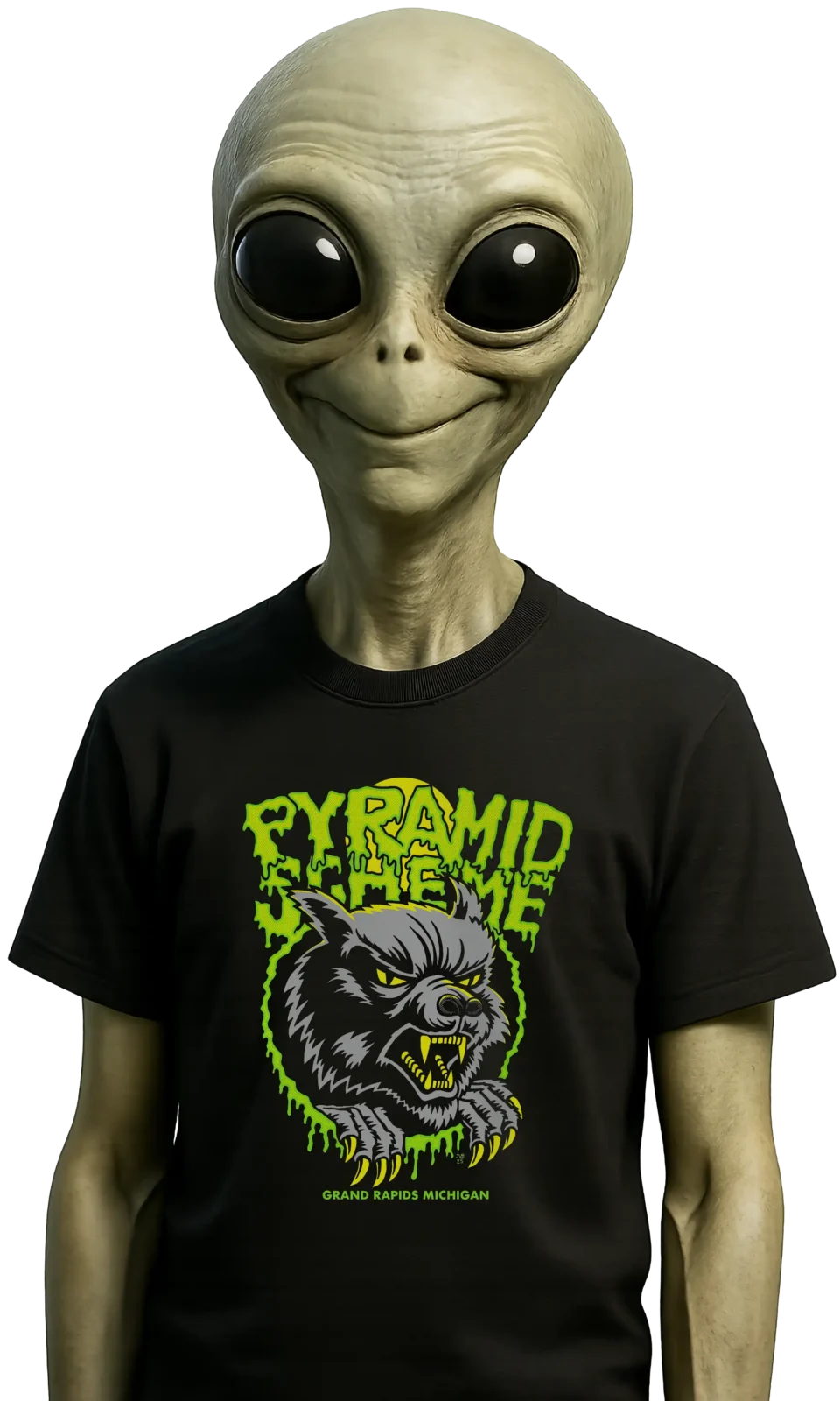 An alien model wearing an Wolf The Pyramid Scheme t shirt