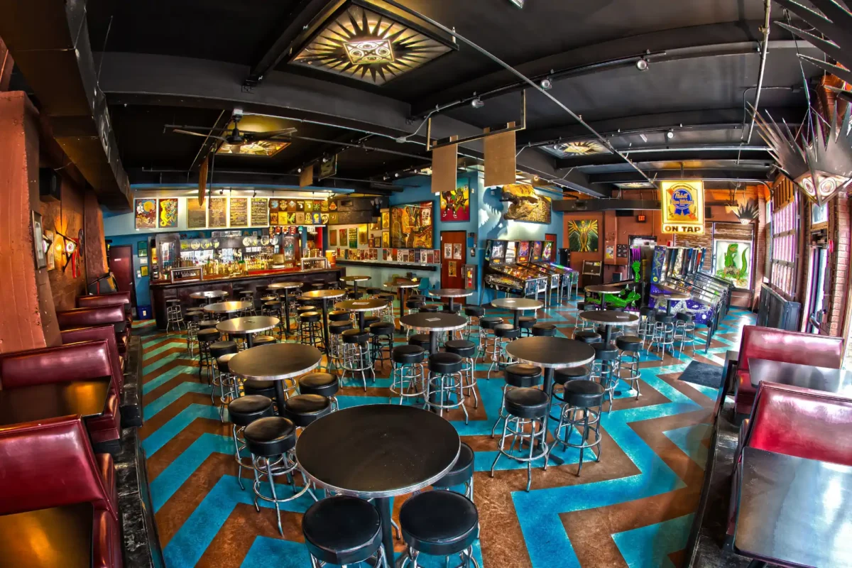 The Pyramid Scheme bar area with pinball.