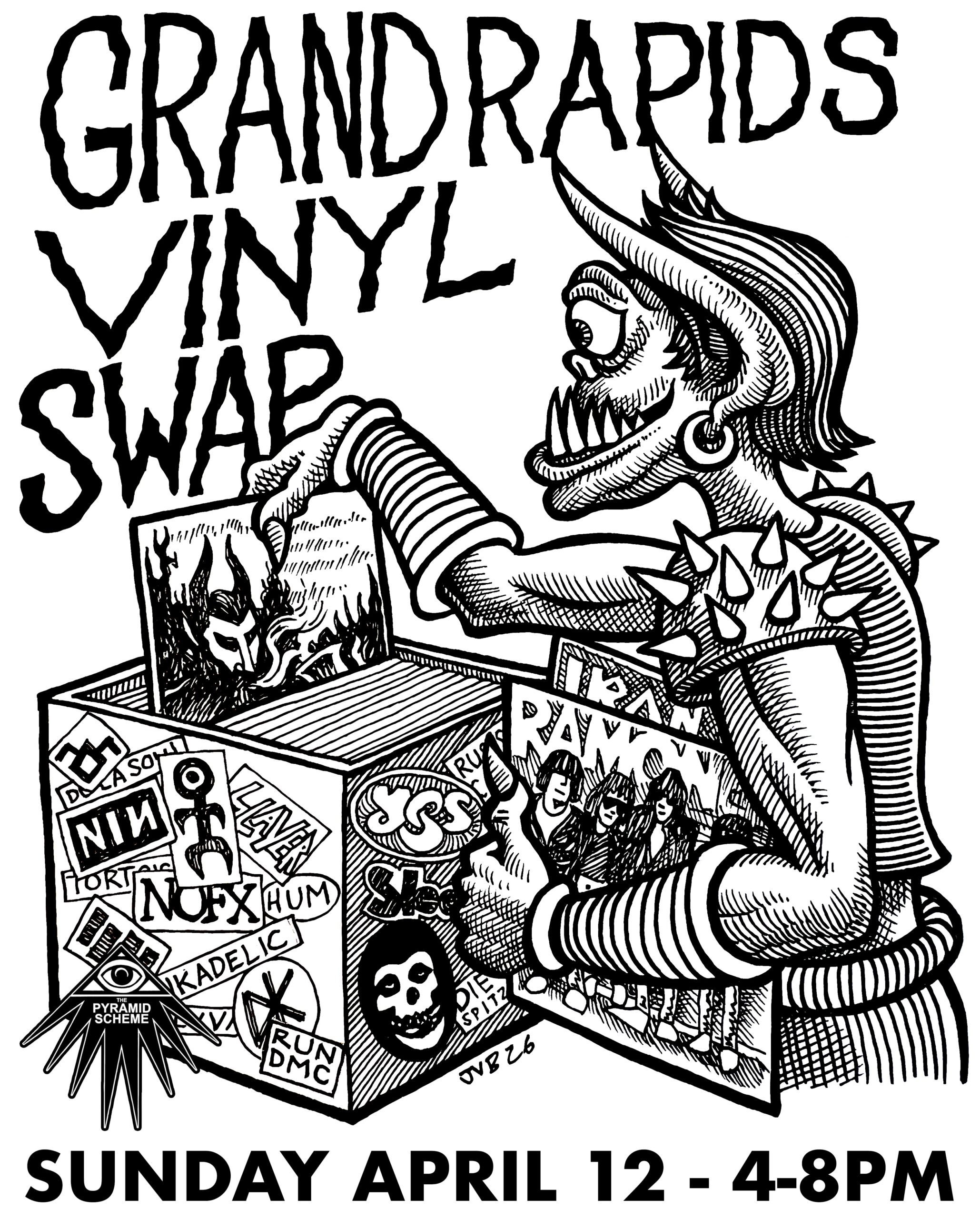 Grand Rapids vinyl swap flyer showing a monster looking through a crate of records, including Ramones, Iron Maiden, and more!