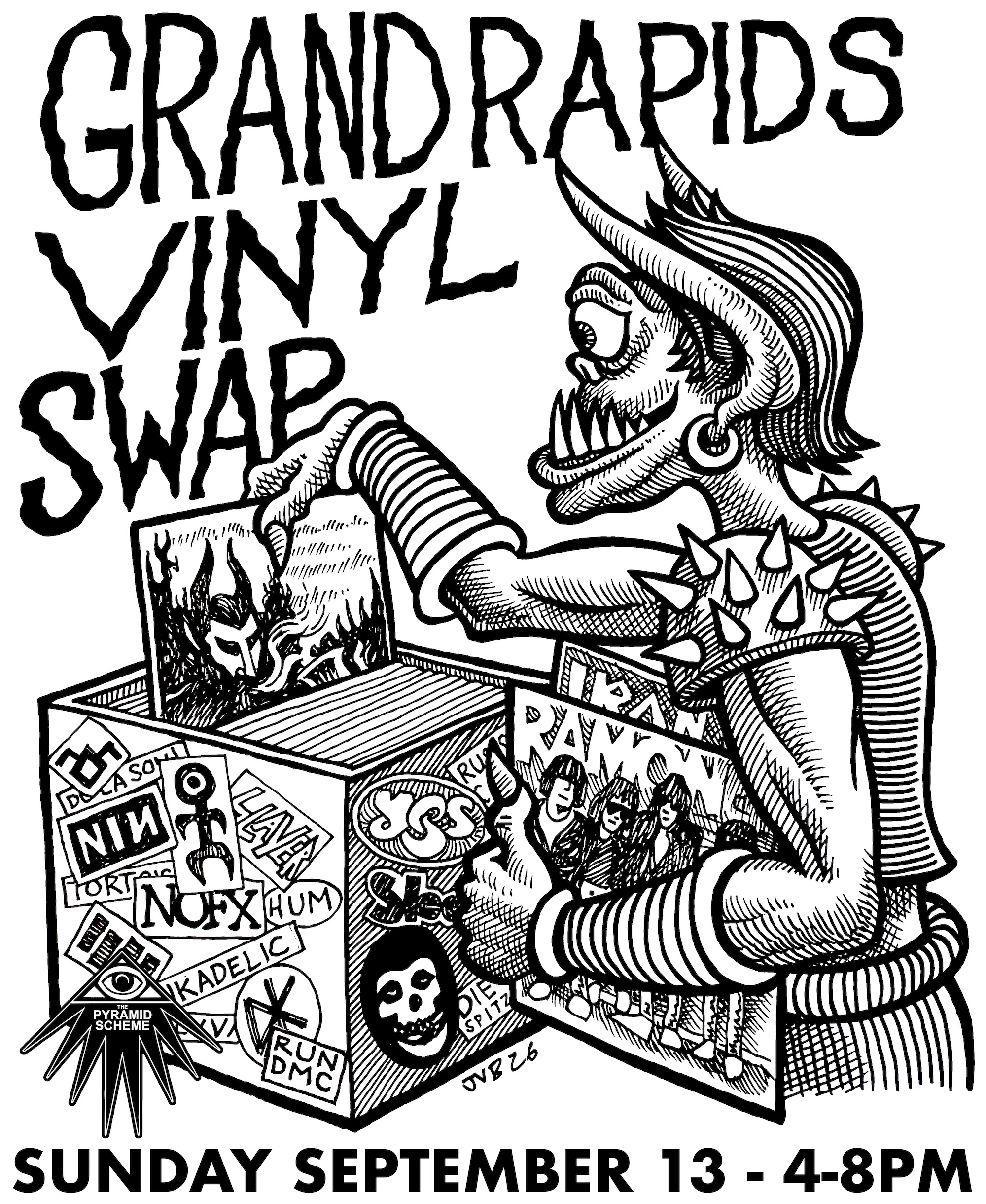 Grand Rapids vinyl swap flyer showing a monster looking through a crate of records, including Ramones, Iron Maiden, and more!