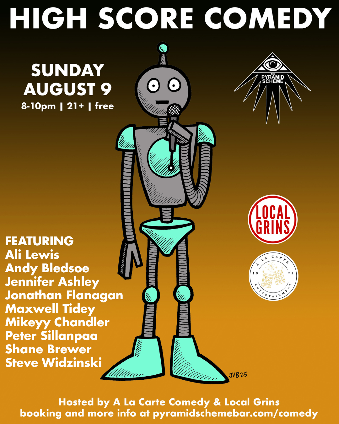 flyer for August 9 High Score Comedy event