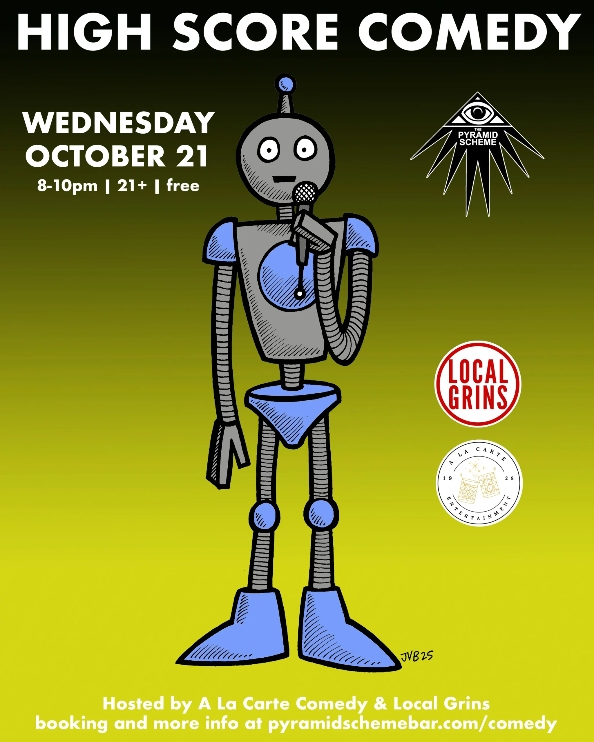 A cartoon poster for High Score Comedy, featuring a gray and blue retro robot holding a microphone as if performing stand-up.