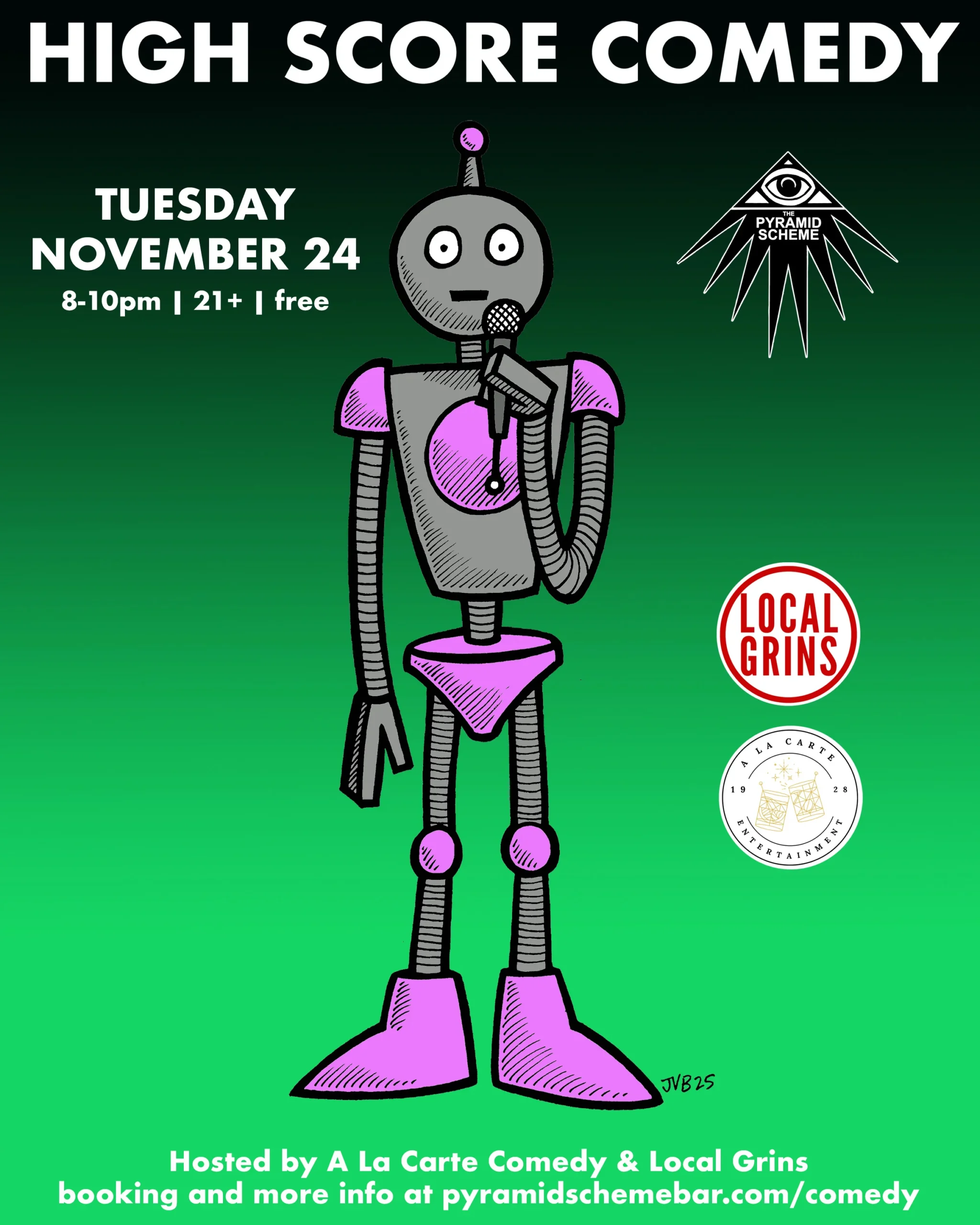 A cartoon poster for High Score Comedy, featuring a gray and purple retro robot holding a microphone as if performing stand-up.