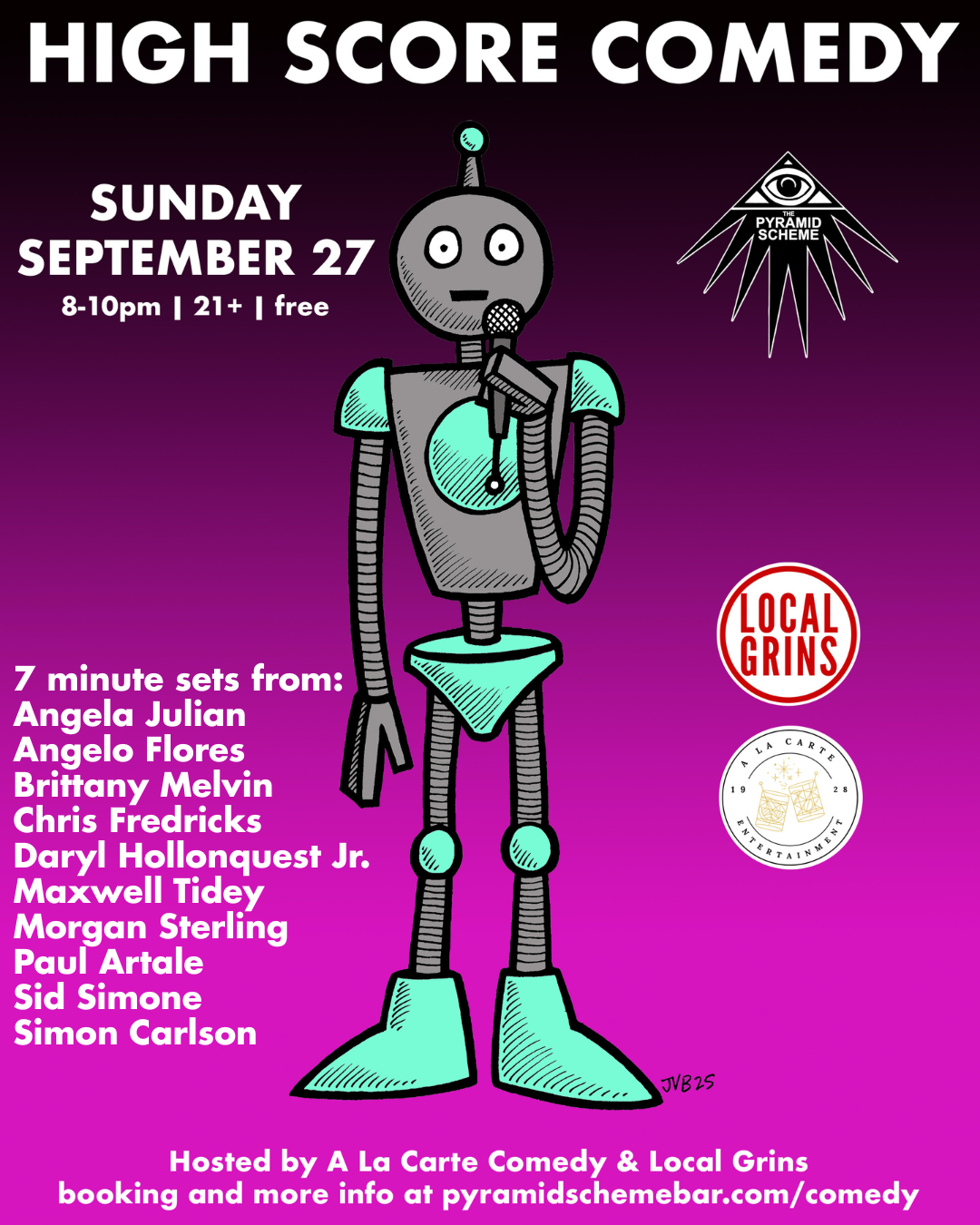 Purple flyer for September 27 free High Score Comedy event with a robot holding a microphone.